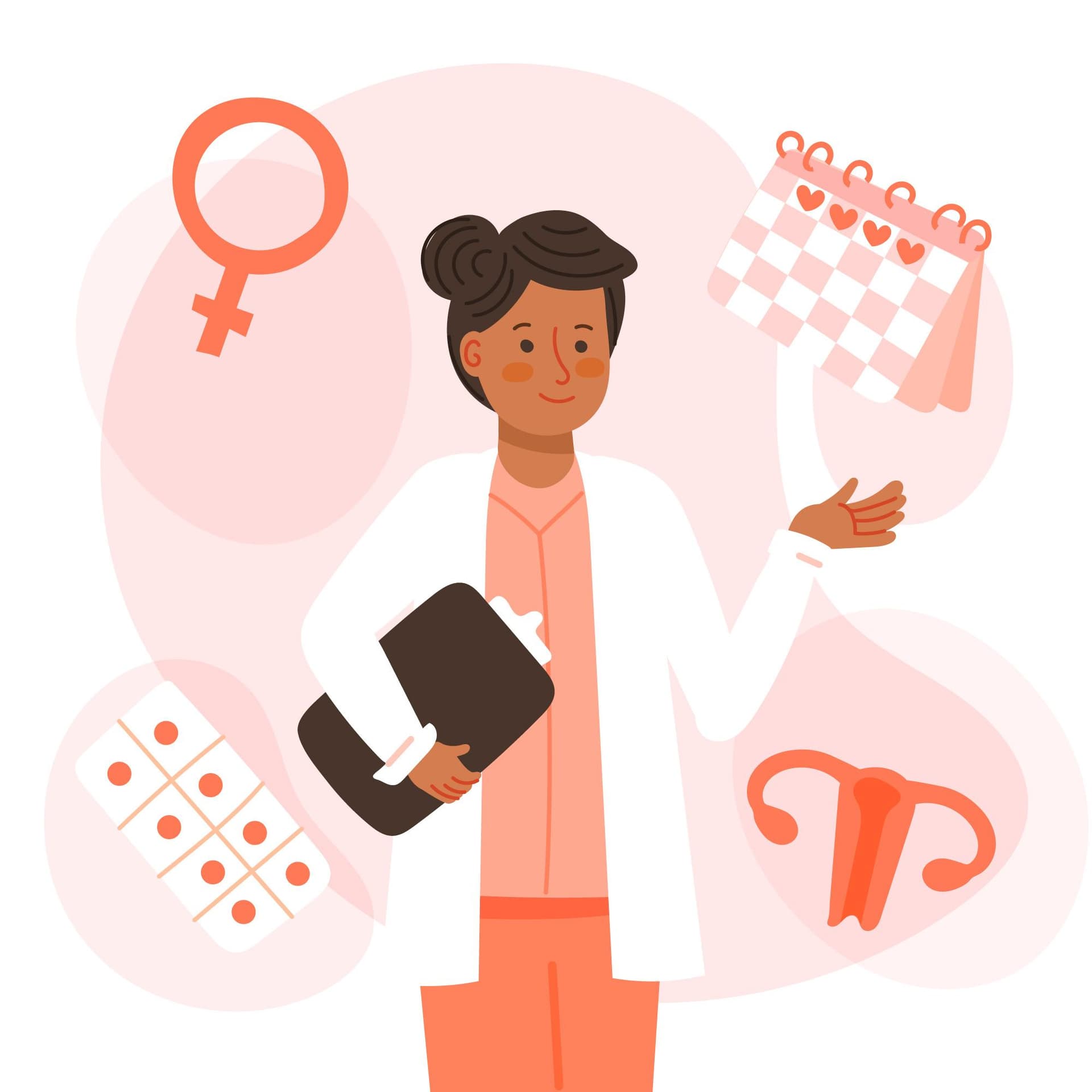 Illustration d'une praticienne entourée de symboles liés à la santé féminine