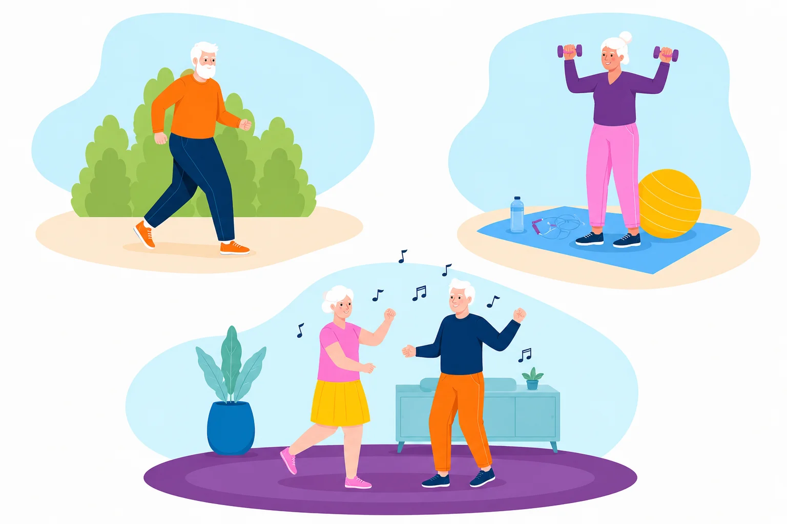 Personnes âgées pratiquant une activité physique : marche, renforcement musculaire et danse