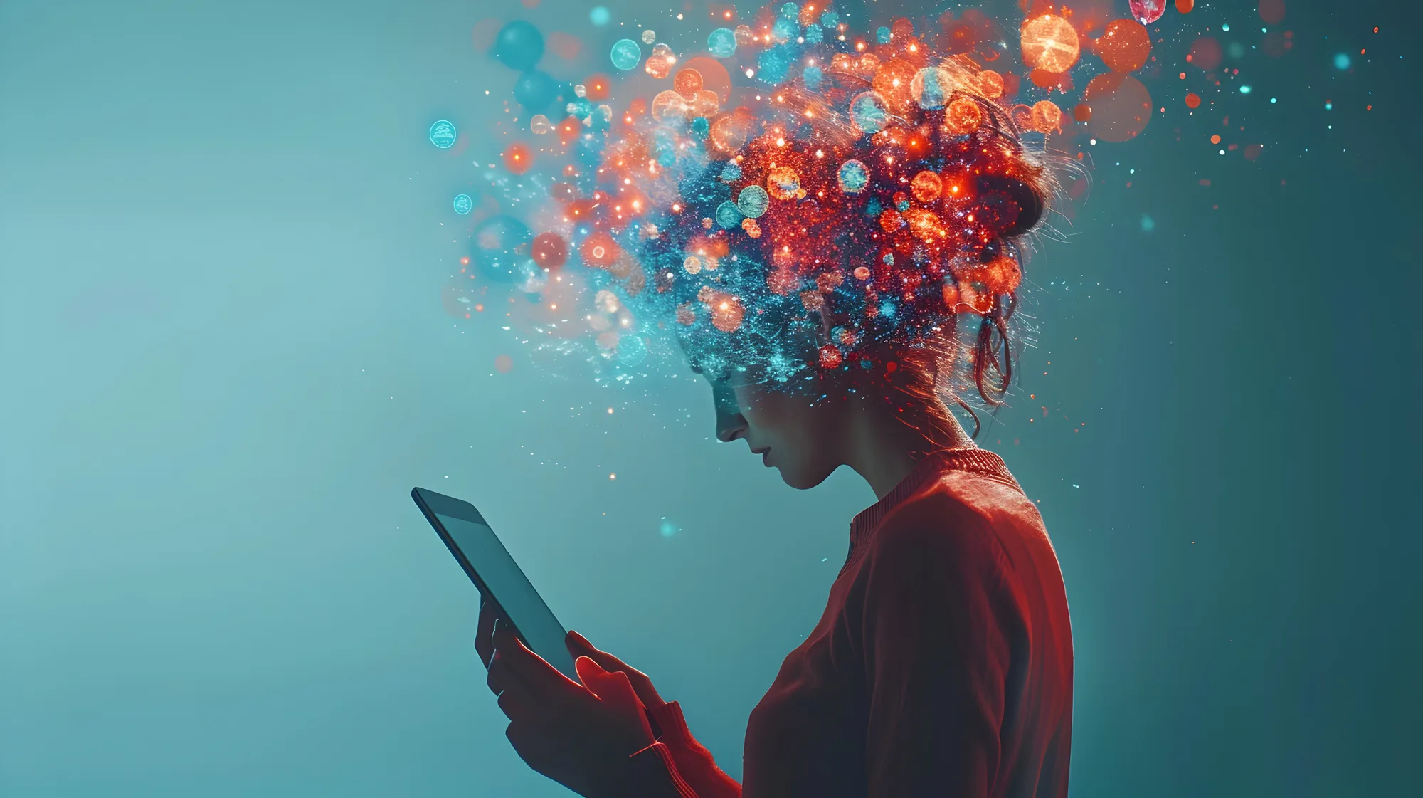 Une femme consulte une tablette, des bulles colorées s'échappent de sa tête