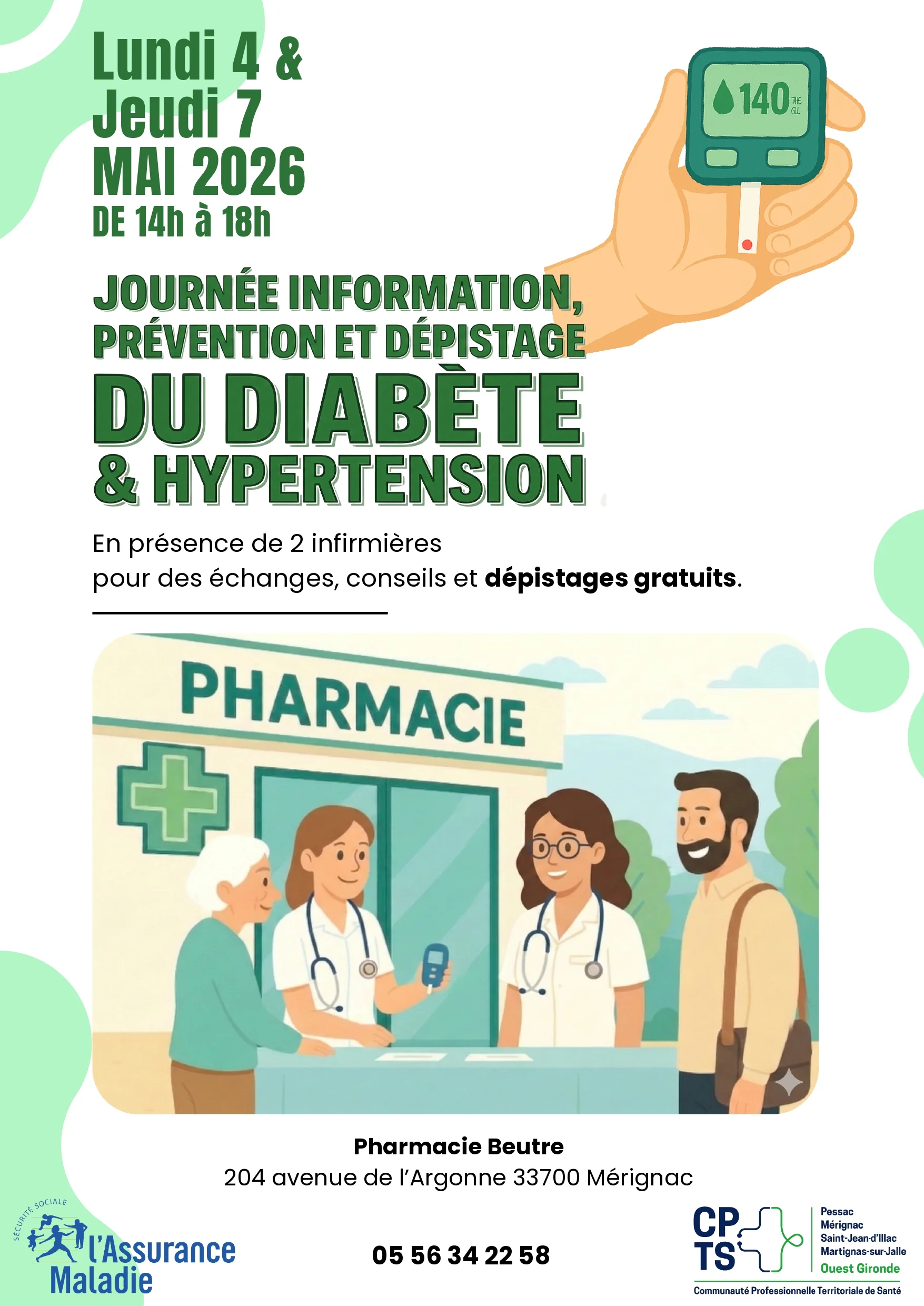 Dépistage diabète & hypertension — Pharmacie Beutre, 4 et 7 mai 2026