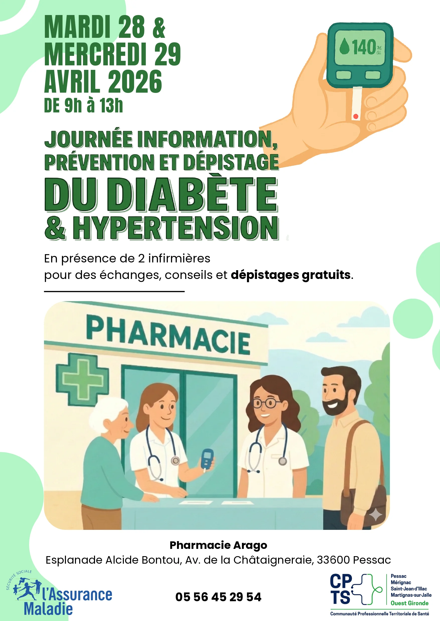 Dépistage diabète & hypertension — Pharmacie Arago, 28 et 29 avril 2026