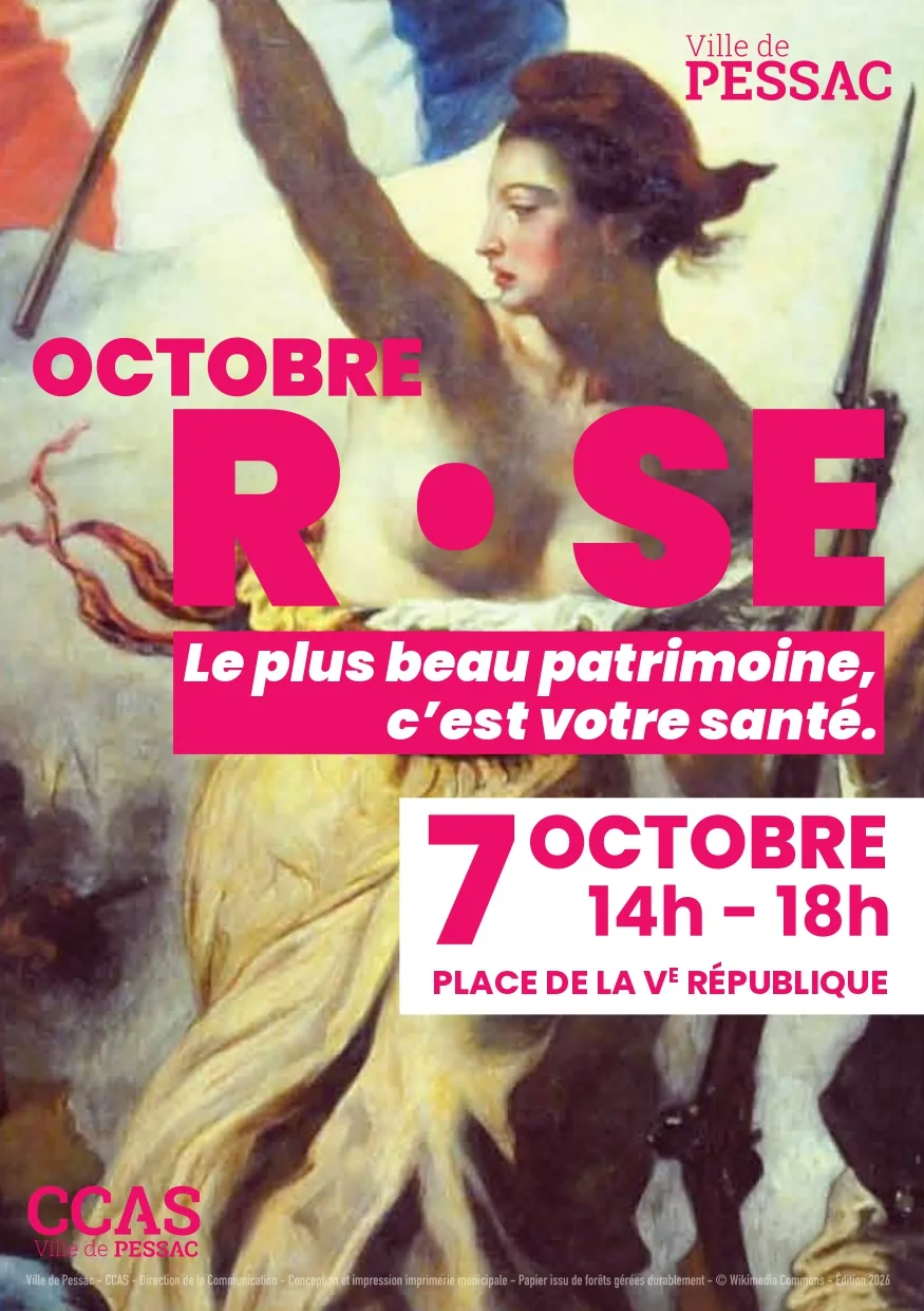 Affiche Octobre Rose Pessac, mercredi 7 octobre 2026 de 14h à 18h, place de la Ve République
