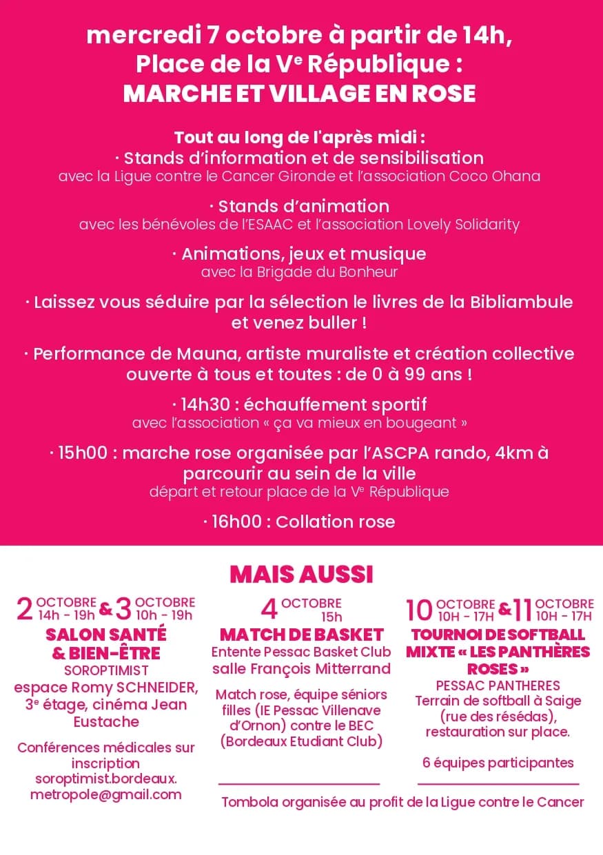 Programme de l'après-midi Octobre Rose à Pessac : marche et village en rose, et les autres rendez-vous du mois