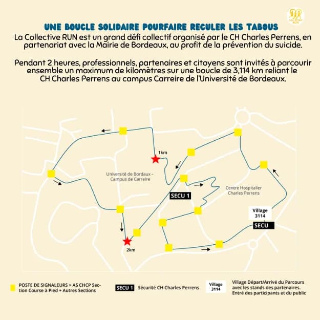 Plan du parcours : boucle de 3,114 km reliant le CH Charles Perrens au campus Carreire de l'Université de Bordeaux