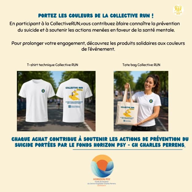 Produits solidaires aux couleurs de la Collective RUN : t-shirt technique et tote bag