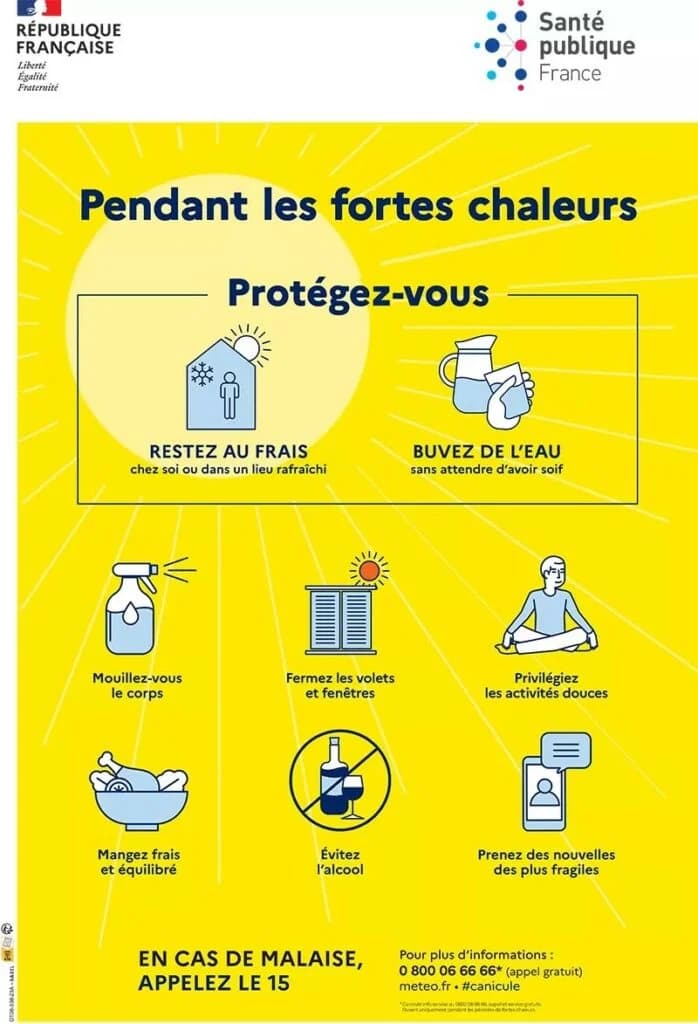 Affiche Santé publique France « Pendant les fortes chaleurs, protégez-vous » : restez au frais, buvez de l'eau, mouillez votre corps, fermez les volets, évitez l'alcool, prenez des nouvelles des plus fragiles