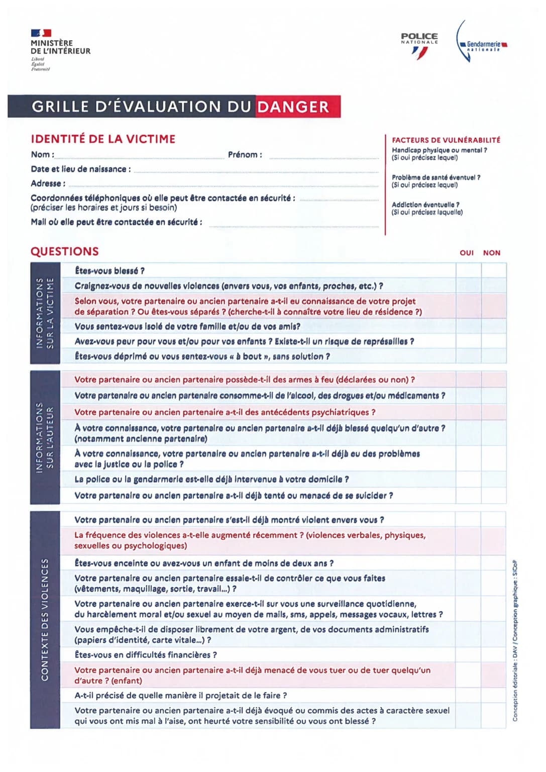 Grille d'évaluation du danger : identité de la victime et les 23 questions
