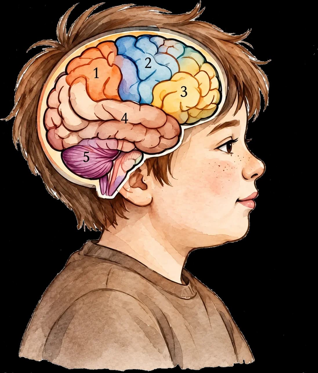 Profil d'un enfant avec les cinq zones du cerveau numérotées de 1 à 5