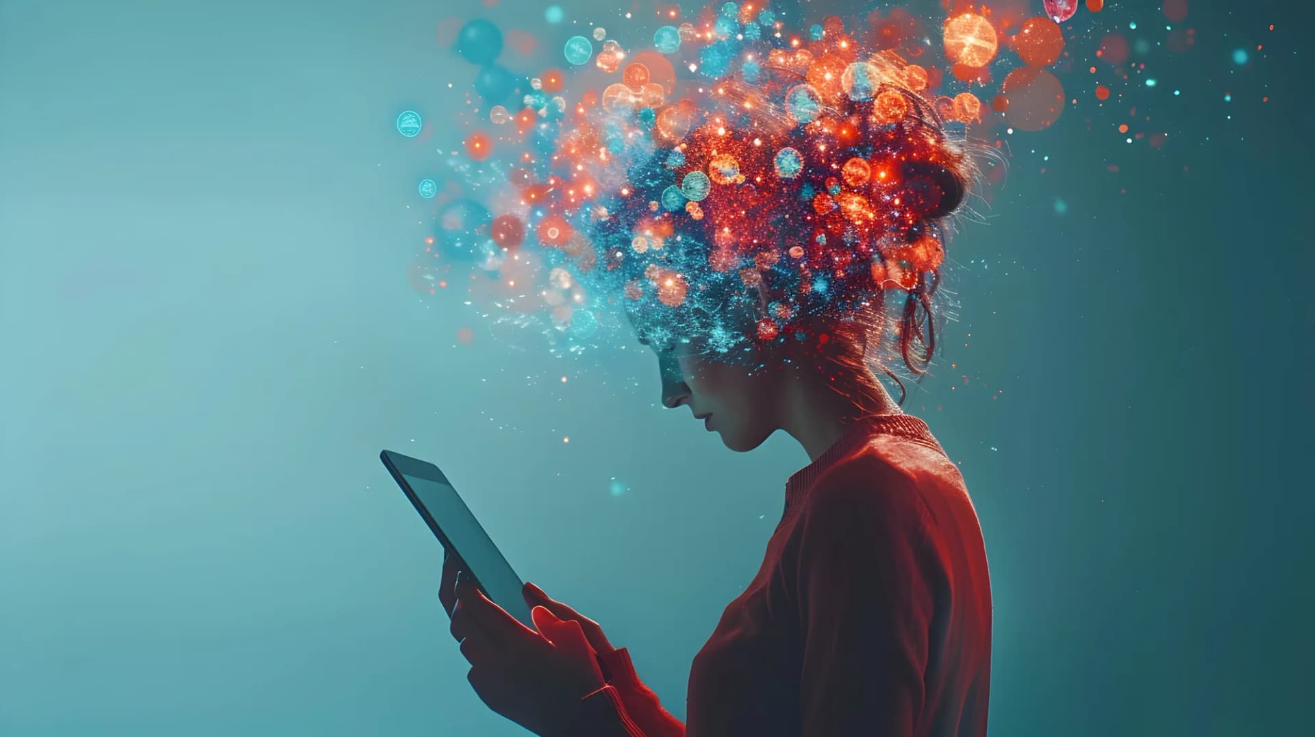 Une femme consulte une tablette, des bulles colorées s'échappent de sa tête